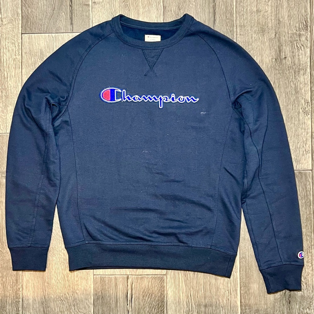 Large Champion Navy crew neck sweater with embroidered logo